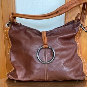 Two-Tone Leather Brown Leather Hobo Bag Weighted Ring Made in Italy 14”x 10”x 4”